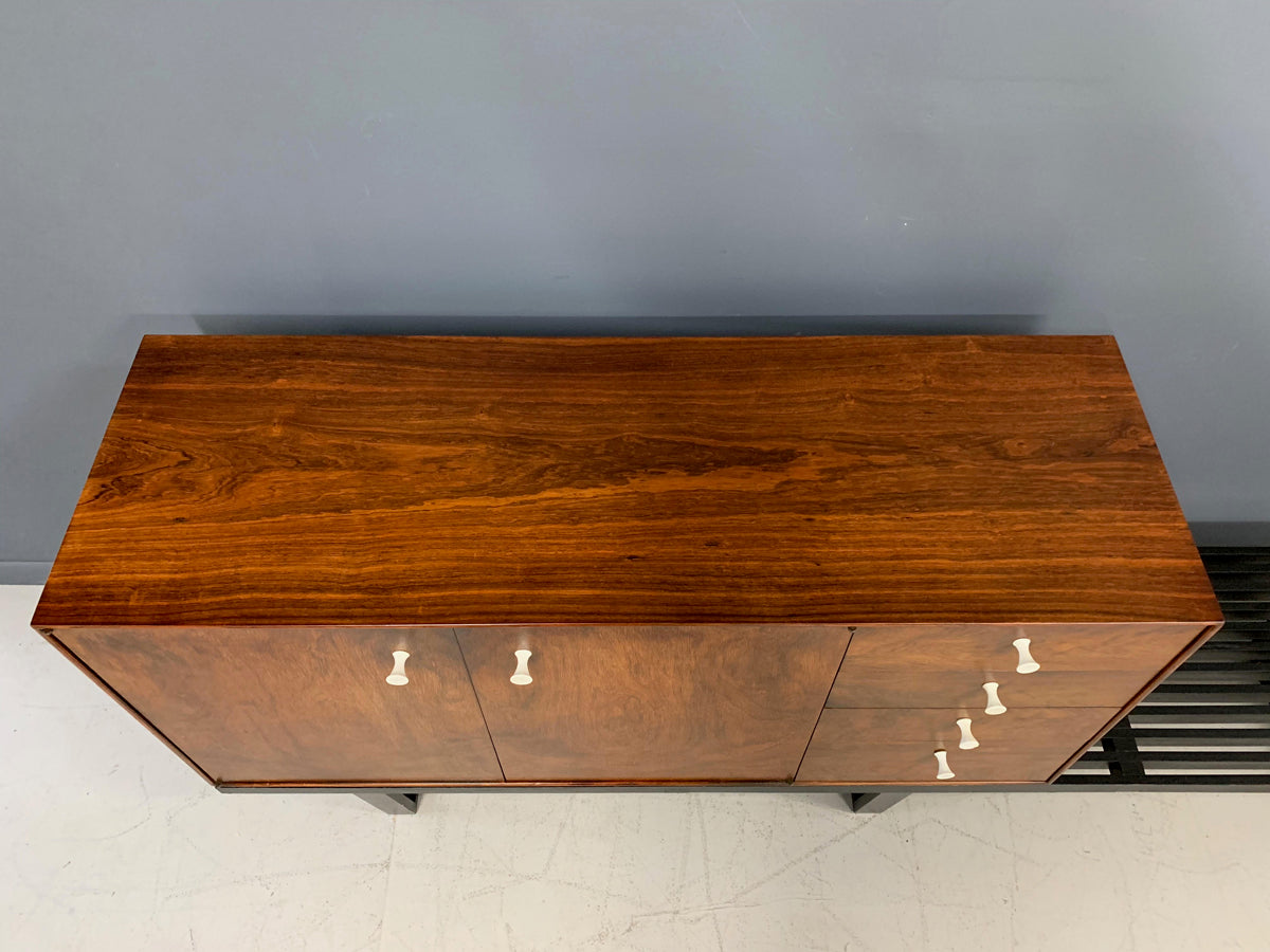SOLD – George Nelson Rosewood Thin Edge Cabinet on Original Slat Bench Mid-Century
