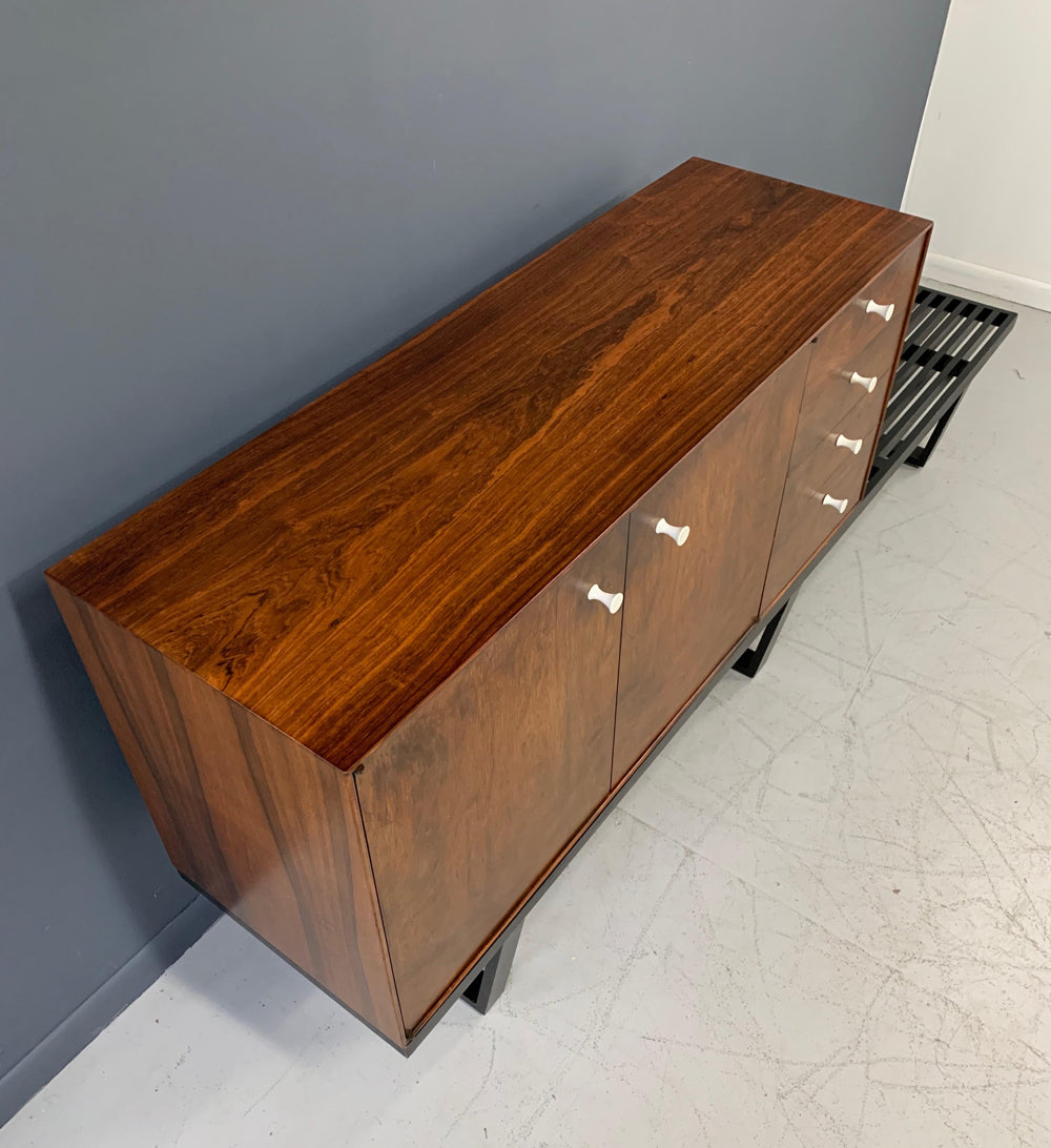 SOLD – George Nelson Rosewood Thin Edge Cabinet on Original Slat Bench Mid-Century