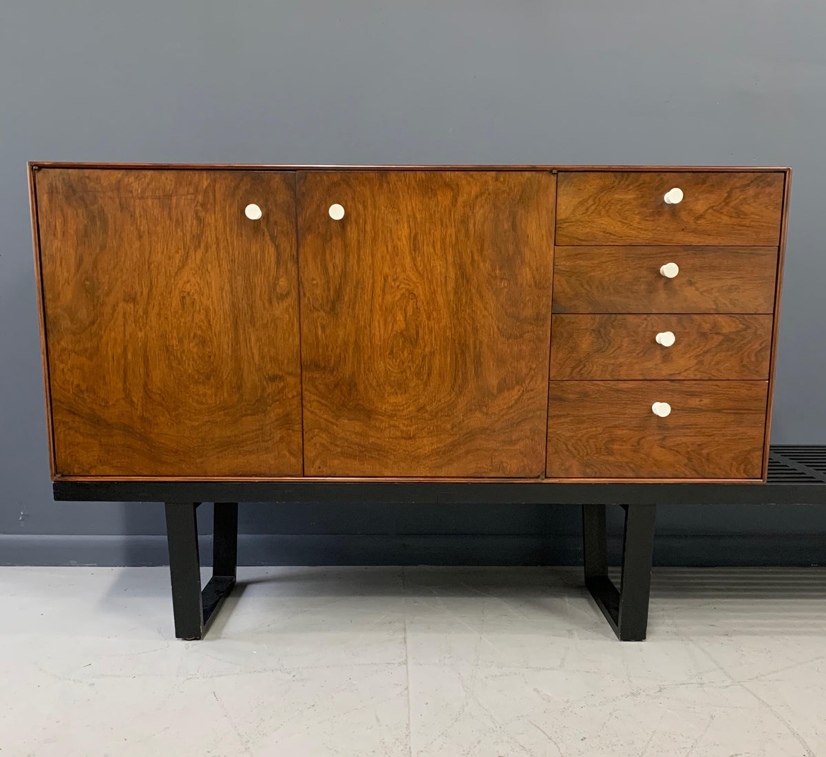 SOLD – George Nelson Rosewood Thin Edge Cabinet on Original Slat Bench Mid-Century